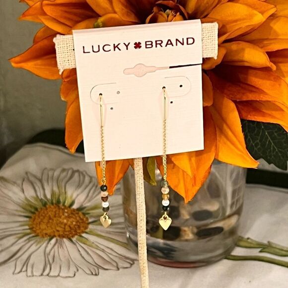 NWT Lucky Brand Gold Linear Heart Drop Earrings 2 /12” #LBER2 - Picture 1 of 5
